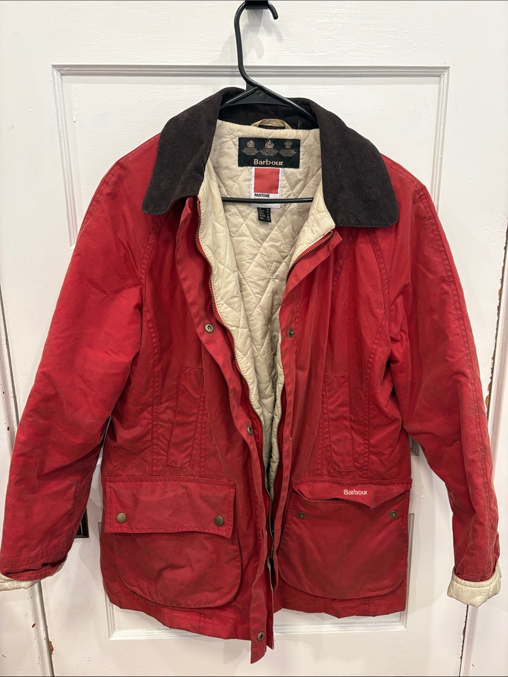 Barbour Red Utility Jacket with Brown Corduroy Collar and Cream Quilted Liner